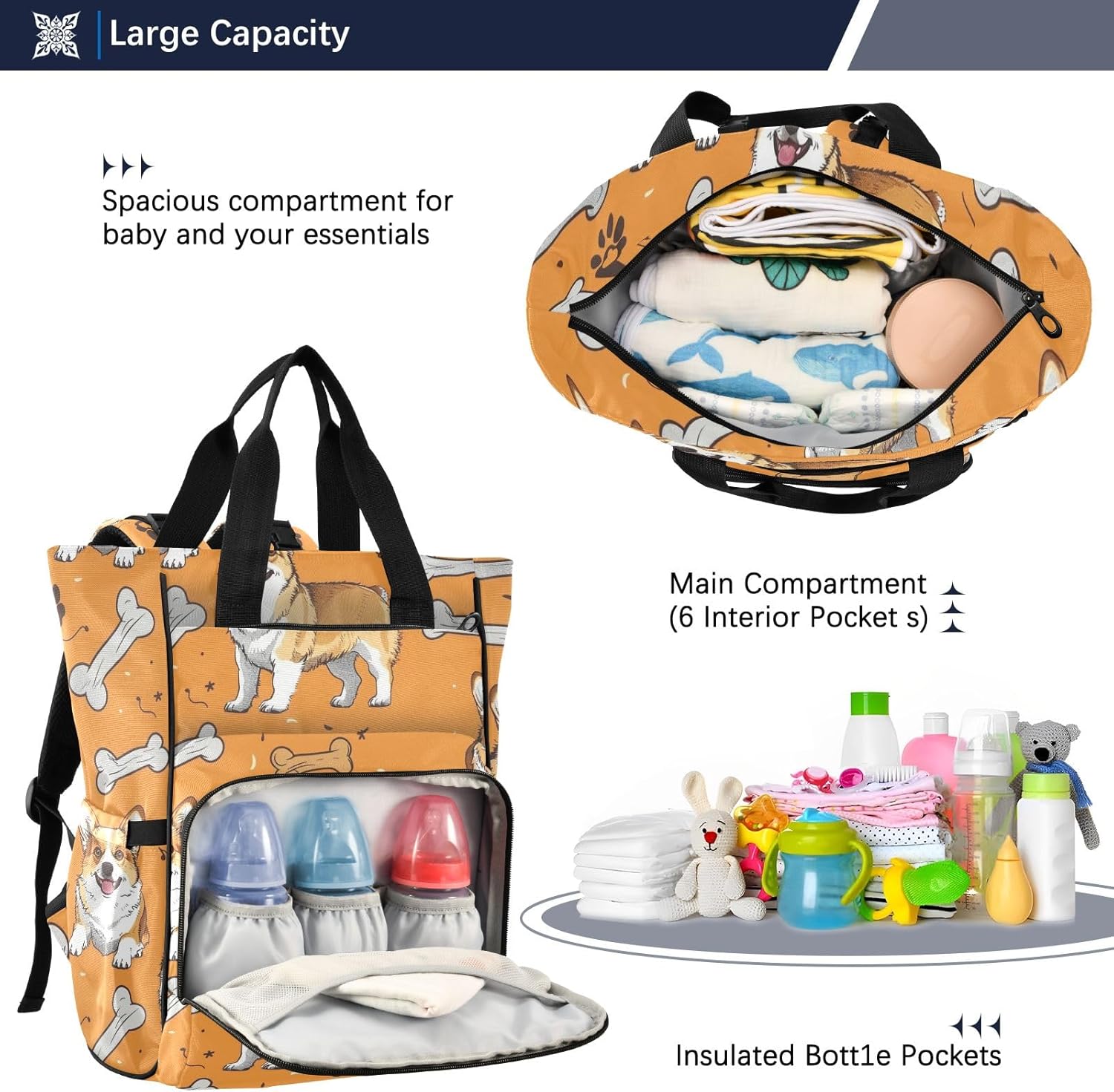 Diaper Bag Backpack Tote Multifunction Baby Nappy Changing Bags Dog Bones Large with Stroller Straps Travel - Image 5