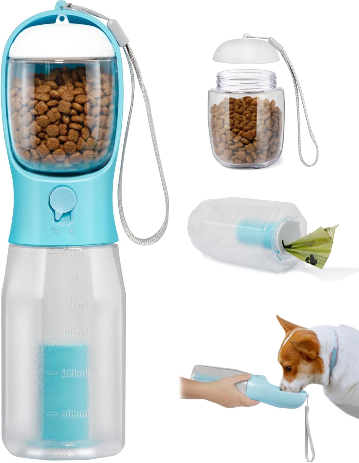 Ikusu Portable Travel Dog Water Dispenser with Food Container & Poop Bags Rolls, Leak Proof, Machine-Wash, Food Grade Plastic - Cycling & Long Flight (Blue, 20 oz)