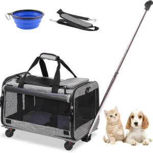MEXMIODY Pet Carrier with Wheels, Airline Approved Dog Cat Carrier for Medium Small Dogs, Pet Travel Rolling Carrier, Telescopic Handle, Grey