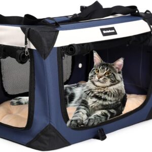 Large Cat Carrier, Collapsible Dog Travel Crate Portable Soft-Sided Pet Carrier with Super Soft Warm Plush Mat for Indoor and Outdoor 20x14x14in,Navy Blue