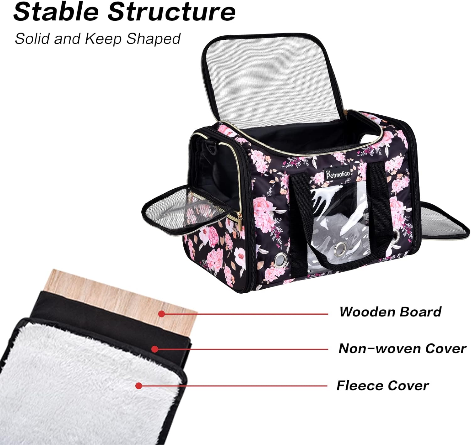 Petmolico Cat Carrier Soft-Sided Pet Bag for Small Medium Cats Puppies 16LBs - Airline Approved Pet Travel Carrier 3 Open Doors (Medium,Pink Peony) - Image 5