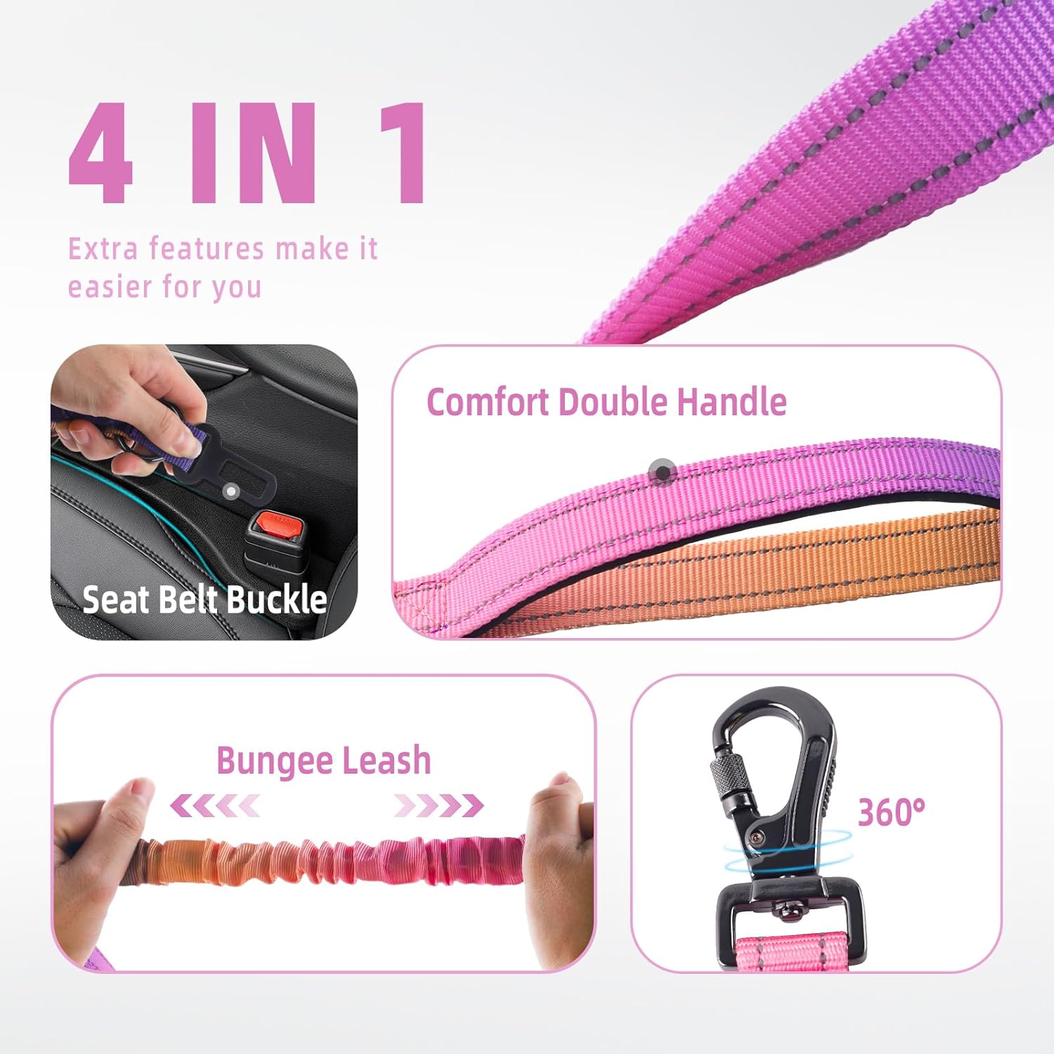 Roses&Poetry Hands Free Dog Leash for Medium Large Dogs Heavy Duty, No Pull Bungee Dog Running Waist Leash for Walking Training with Car Seatbelt 4-6FT - Image 4