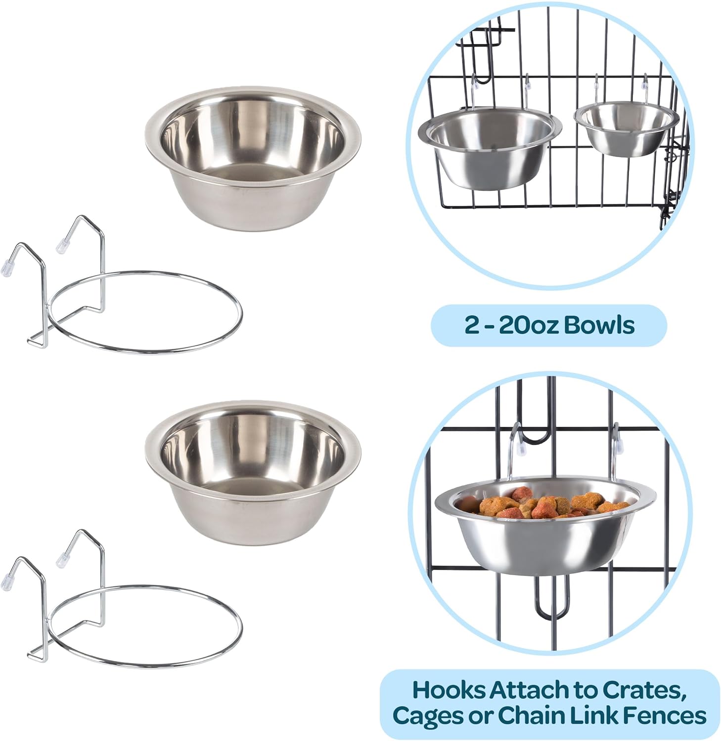 Set of 2 Stainless-Steel Dog Bowls - Cage, Kennel, and Crate Hanging Pet Bowls for Food and Water - 20oz Each and Dishwasher Safe by PETMAKER,Silver - Image 4