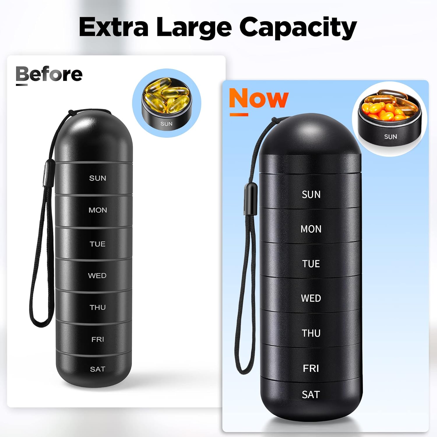 Zannaki XL Metal Travel Pill Organizer, Extra Large Waterproof Weekly Pill Box, Aluminum Alloy Pill Case Container, BPA Free 7 Day Daily Medicine Organizer Holder for Vitamin, Fish Oil, Supplement - Image 2