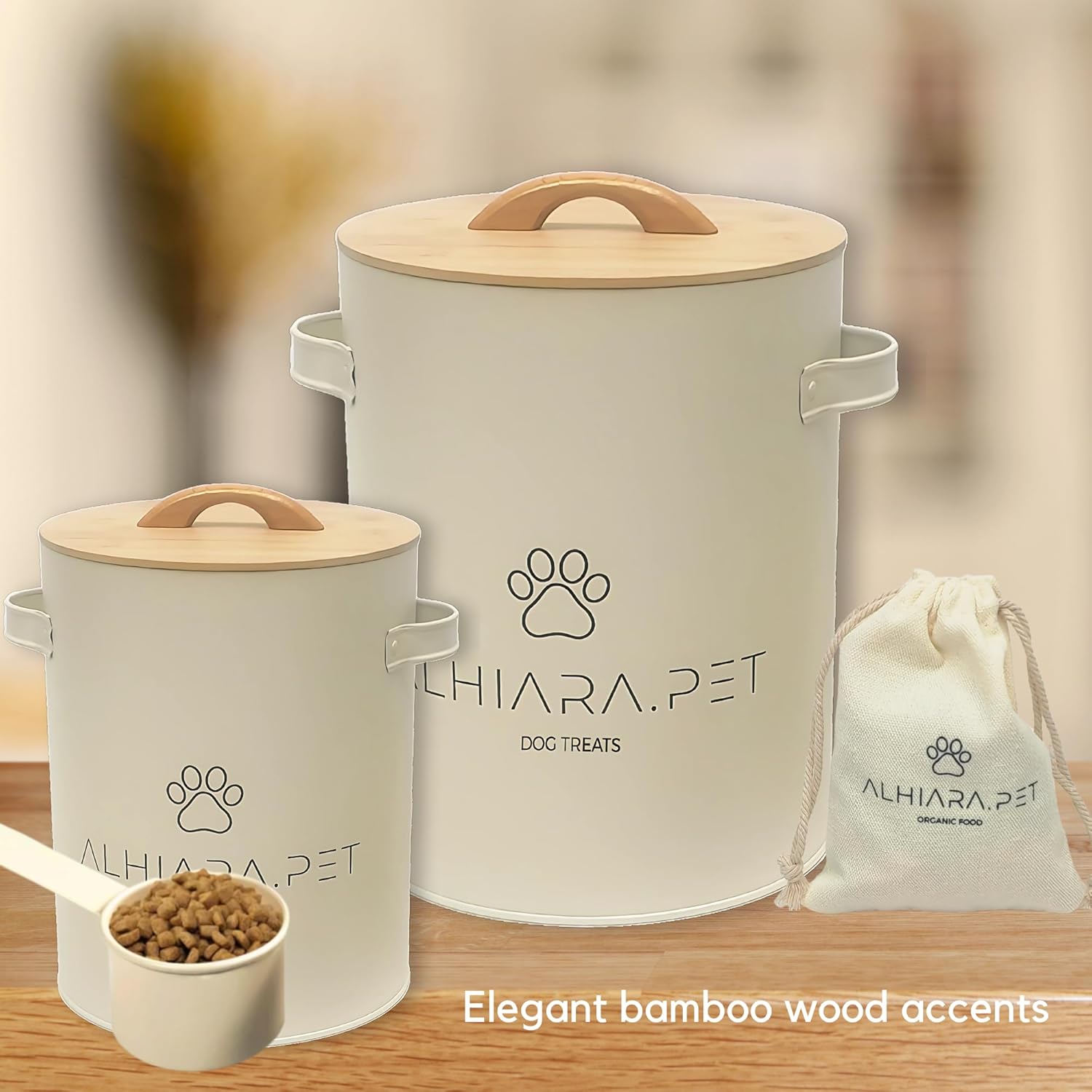 Dog Food Container & Dog Treat Container – Airtight Metal Canisters with Bamboo Lid & Scoop – Holds Up to 24 Cups of Kibble, Biscuits & Snacks – Decorative Farmhouse Storage - Image 7