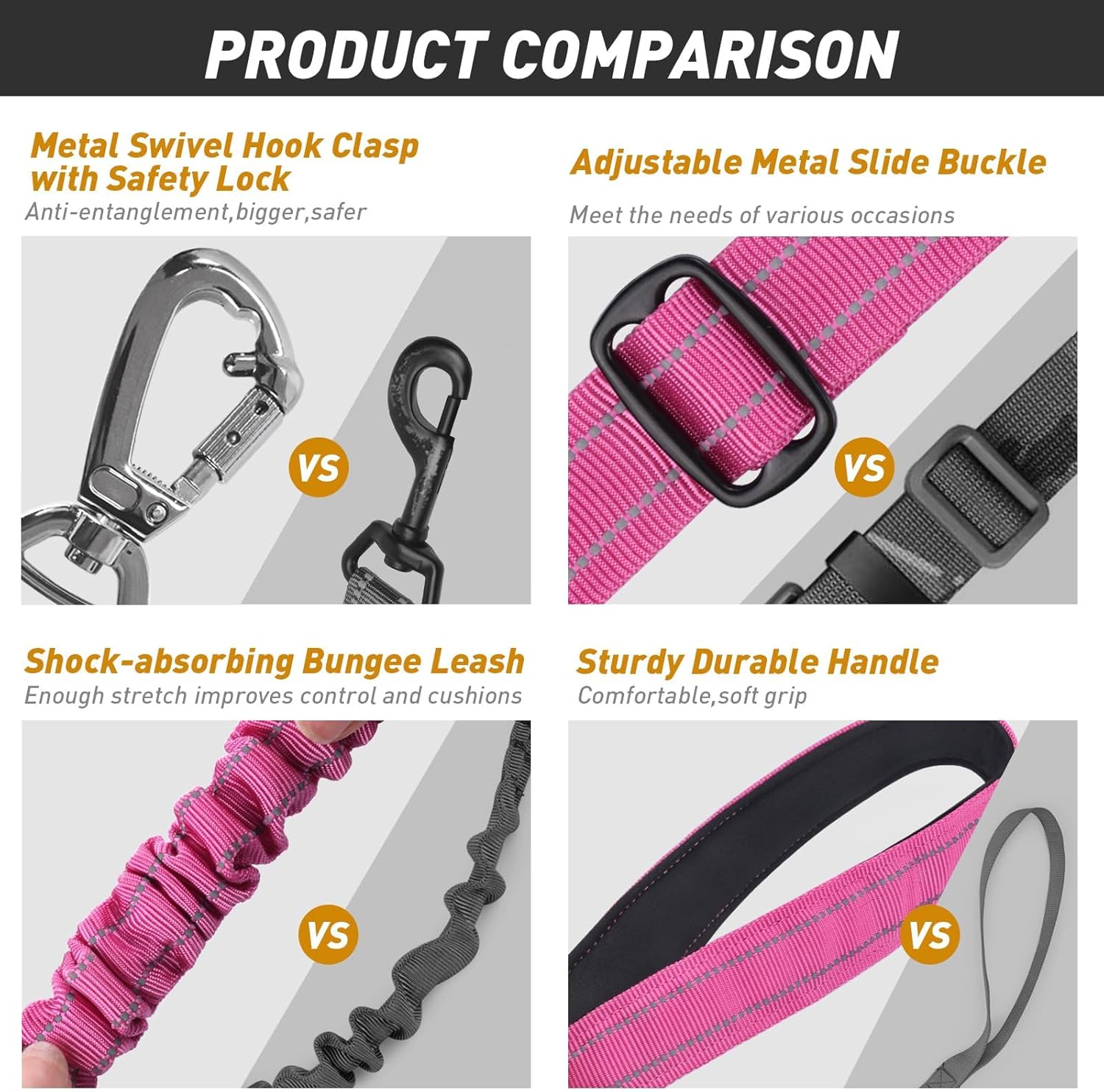 AUBELL Tactical Dog Leash Heavy Duty,4-6ft Reflective Strong No Pull Bungee Leash for Medium Large Dogs with Comfortable Padded Double Handle,Car Seat Belt,360 Degree Rotating Carabiner,Pink - Image 8