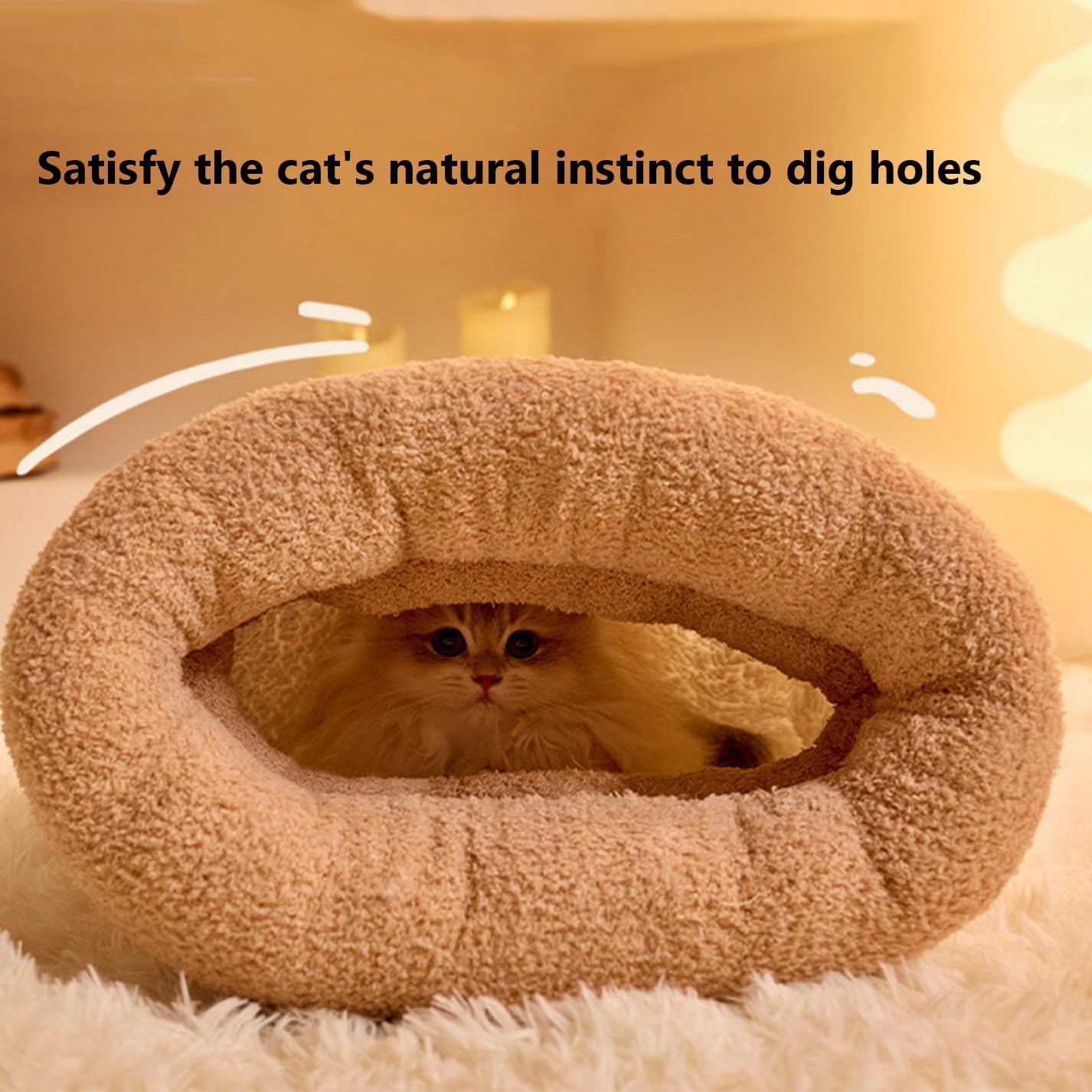 Cozy Pet Nest for Cats and Dogs, Semi-Enclosed Design, 360° Wrap Soft Plush Large Cat Sack Self Warm Cats Bed, Cat Bed Cave Sleeping Bag for All Seasons (Off White, L) - Image 4