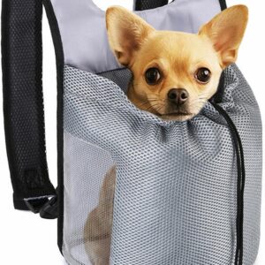 Dog Front Carrier Backpack,Ventilated Mesh Puppy Back Pack with Safety Belt,Adjustable Breathable Pet Carrier for Small Dogs Cats,Lightweight Doggy Backpack for Hiking Cycling Outdoor