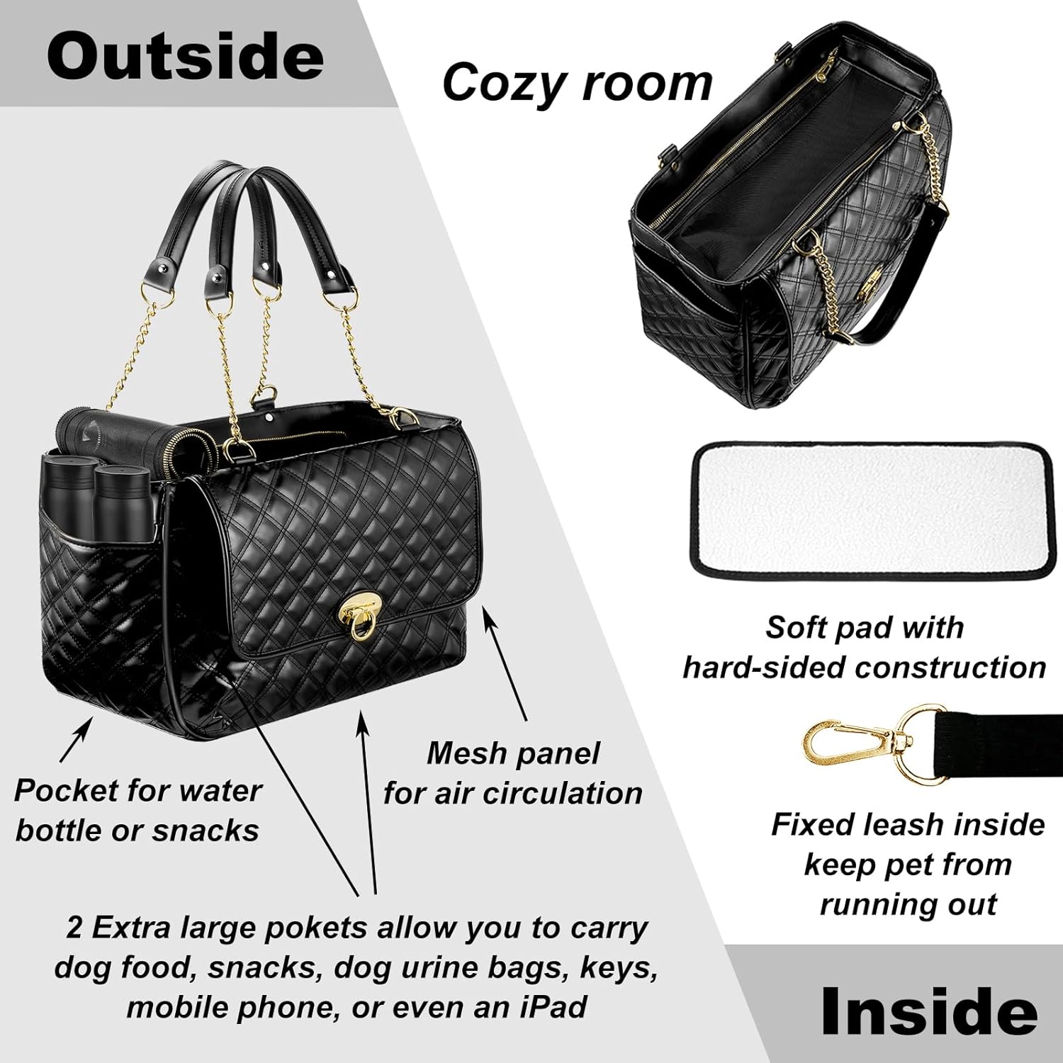 Fashion Dog Purse for Small Dogs with 2 Super-Large Pockets, Holds Up to 10lbs PU Leather Pet Carrier, Cat Carrier, Airline Approved Puppy Purse for Travel (Black, Small Size) - Image 3