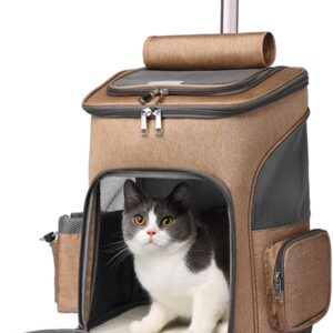 Pet Travel Rolling Backpack Rolling Carrier with Wheel Breathable Airline Approved Pet Carrier Stroller Soft-Sided Carrier Bag for Small Dogs Cats Rabbit for Indoor & Outdoor Use,Khaki