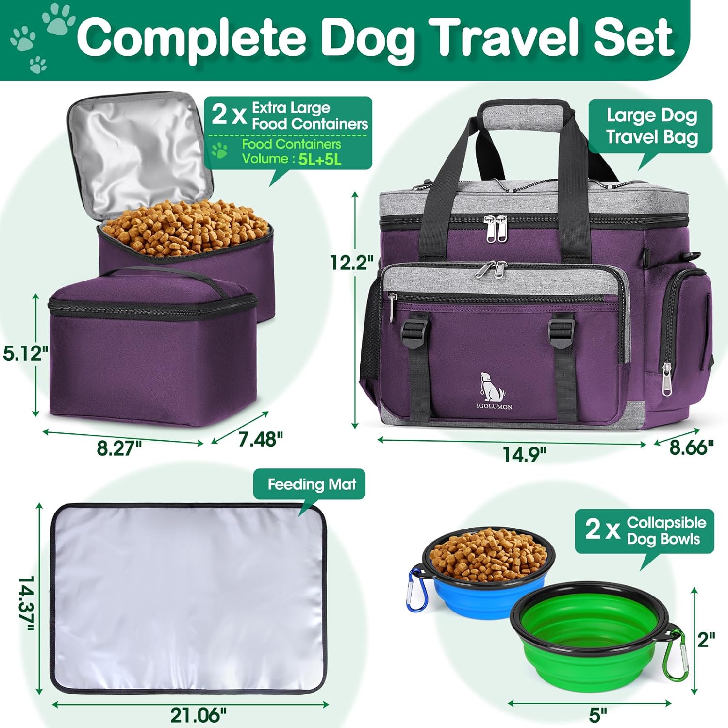 IGOLUMON Dog Travel Bag Large Pet Travel Bags Set for Supplies Weekend Travel Kit Tote Organizer Multi-Pockets Dog Food Travel Bag with 2 Large Food Containers, 2 Dog Bowls, 1 Feeding Mat, Purple - Image 3