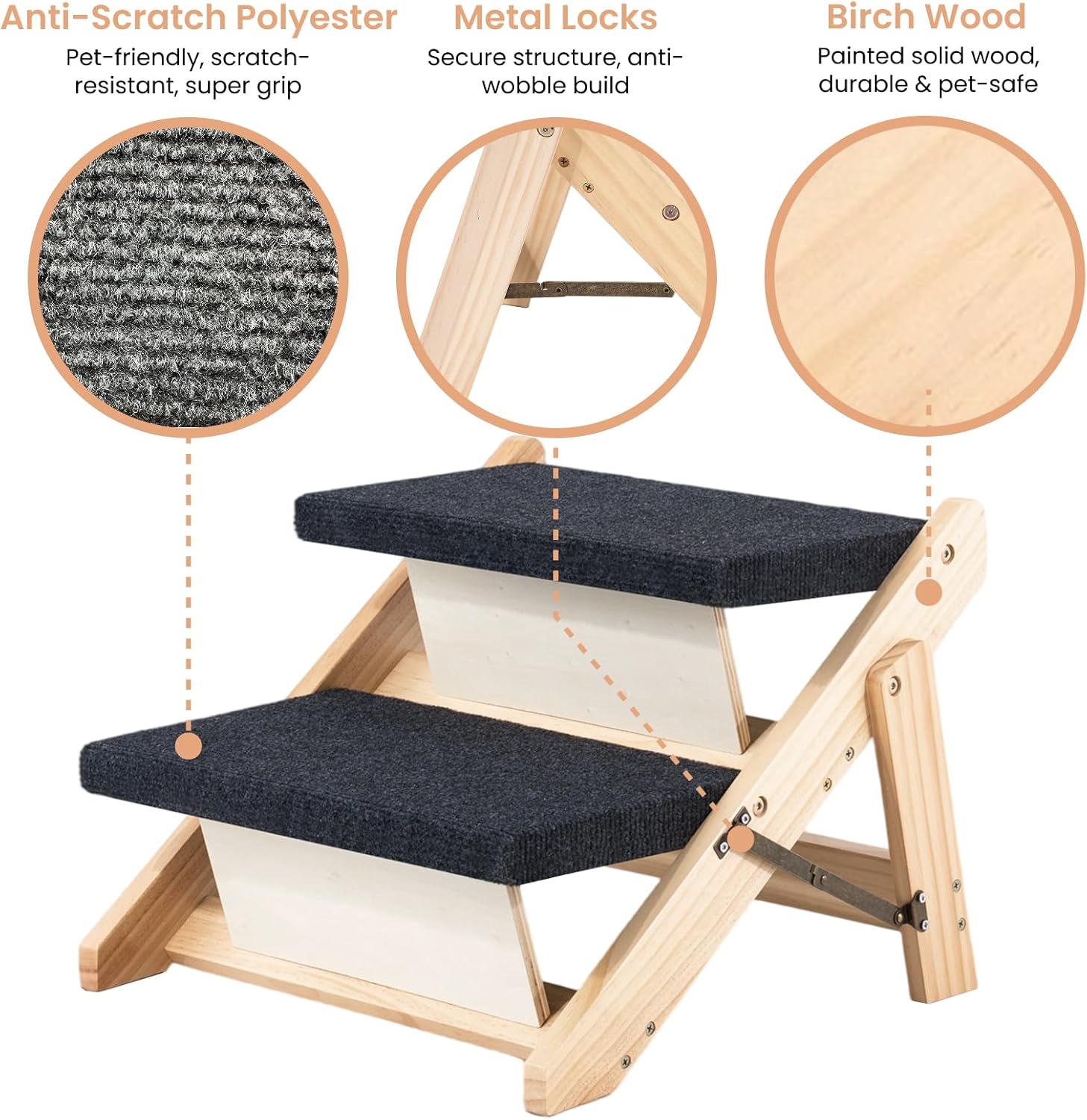 MEWANG Wood Pet Stairs & Ramp for Small/Medium Dogs and Cats, Aging Pets – 3-in-1 Foldable, Portable, Non-Slip Pet Ladder for Tall Beds, Couches,Cars–Holds Up to 220 lbs (17.3" L x 17.2" W x 13.0" H) - Image 7