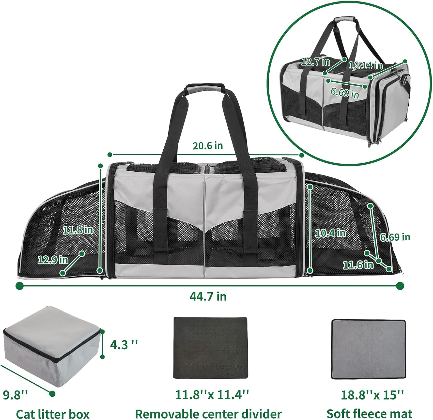 Cat Carrier with Litter Box - INRLKIT Cat Carrier for 2 Cats, Portable 2-in-1 Double Cat Travel Carrier Bag for Traveling, Expandable Pet Carrier for Car, Portable Travel Litter Box for Cats (Grey) - Image 2