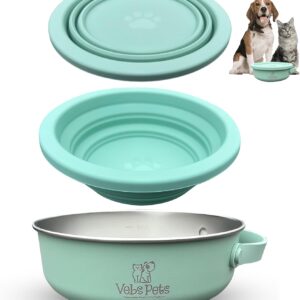 Vebs Pets- Stainless Steel Dog Bowl 30 oz, W/Collapsible Bowl Lid 20 oz W/Handle, Leak Proof, Non Slip, for Food & Water for Dogs & Cats, Medium Dogs, Portable Travel Dog (Jade)