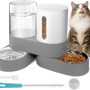 Automatic Gravity Cat Dog Feeder and Water Dispenser with 304 Stainless Steel Bowls 2 in 1 360 Degree Rotatable Auto 2.4L Dry Food and 2.6L Water Bowl for Small Medium Pet Dog Puppy Kitten (Gray)