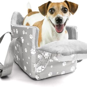 Cullaby Center Console Dog Car Booster Seat for Small Dogs 0-15 lbs - Grey Pet Travel Carrier Safety Leash, Detachable Seat Belt & Storage Pockets