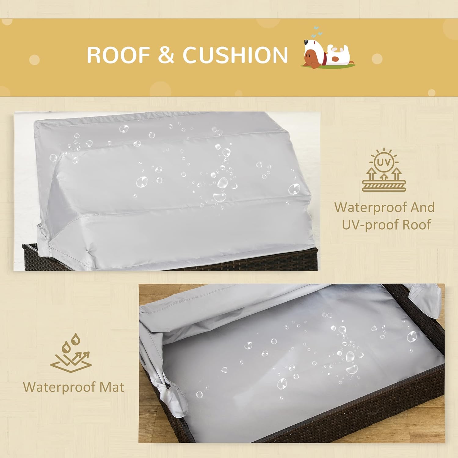 PawHut Rattan Dog Bed, Elevated Pet Sofa, Wicker Cat House, Indoor/Outdoor Use, for Garden Patio with Foldable Canopy, for Small or Medium-Sized Pets, Coffee - Image 6