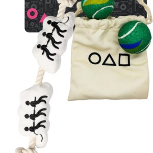 design LAB, Inc. Squid Game Official Merchandise | Interactive Dog Toys | Tug O War & Marble Game Set | 2 Squeaky Balls and 1 Durable Tug Rope Toy | Collectible Gift Set for Dogs
