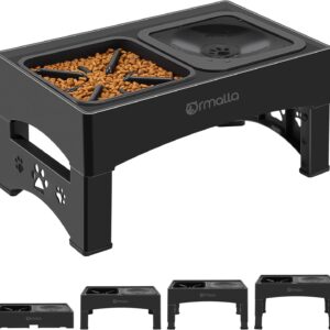 Elevated Slow Feeder Dog Bowls, Adjustable Raised Dog Bowl with No-Spill Water Bowl, Non-Slip Stand for Large, Medium, Small Dogs - 4 Heights: 3.7", 8.5", 10.1", 11.7" - Black