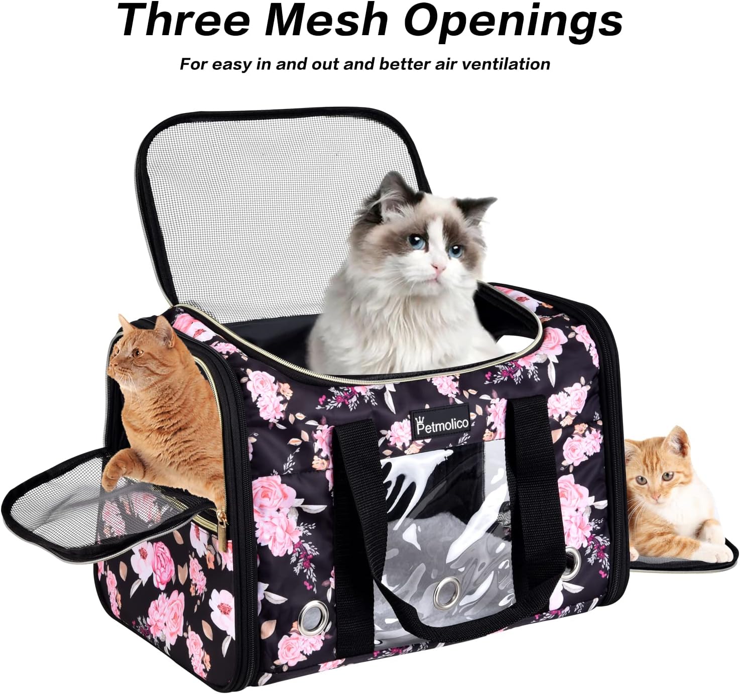 Petmolico Cat Carrier Soft-Sided Pet Bag for Small Medium Cats Puppies 16LBs - Airline Approved Pet Travel Carrier 3 Open Doors (Medium,Pink Peony) - Image 3