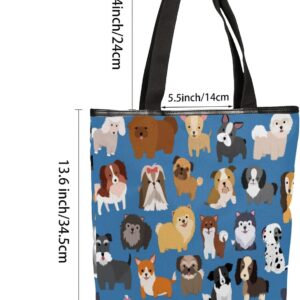 Cute Dog Pattern Canvas Tote Bag, Eco Friendly Reusable Grocery & Beach Bag With Zipper Inner Pocket for Women & Girls