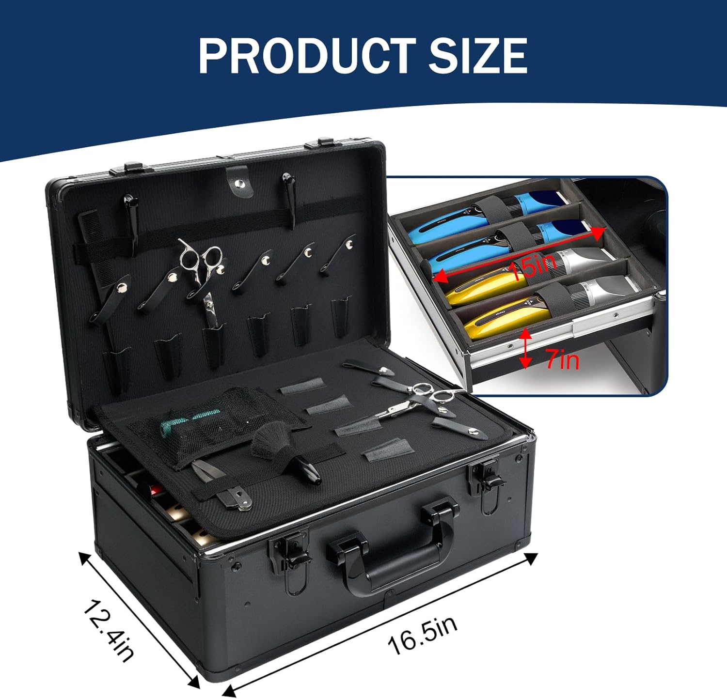 MoyRetty Professional Barber Case, Barber Suitcase 6 Clipper Slots & 8 Shear Holders, 17.13" Portable Aluminum Organizer for Hair Stylists & Pet Groomers-Black - Image 6