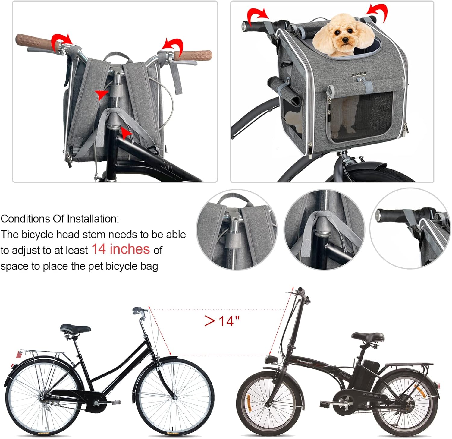 Dog Bike Basket, Expandable Soft-Sided Pet Carrier Backpack with 4 Open Doors, 4 Mesh Windows for Small Dog Cat Puppies - Grey - Image 4