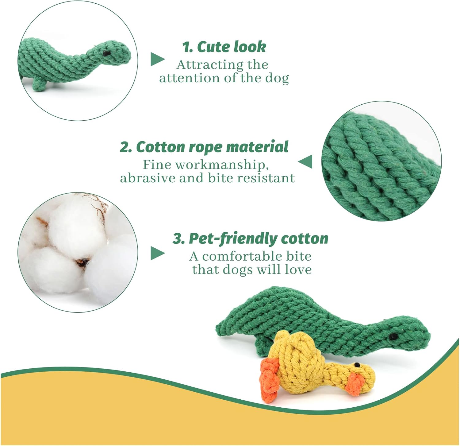 WishLotus 2Pc Dog Rope Toys, Cute Dinosaur and Yellow Duck Shaped Dog Toys for Aggressive Chewers, Cotton Dog Chew Toys for Small Medium Large Breed Teething (Dinosaur+Duck) - Image 3