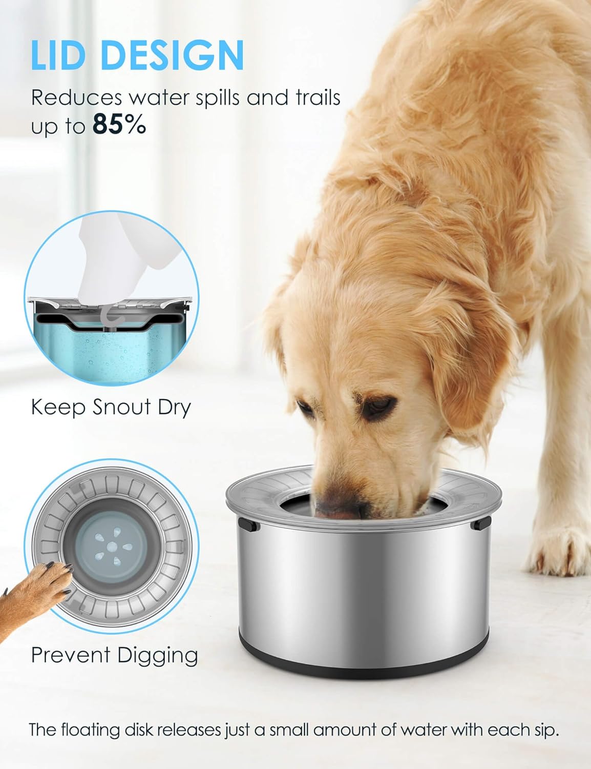 1 Gallon Large Dog Water Bowl No Spill,【Anti Digging Lid & Rubber Bottom】 Spill Proof Dog Bowl, Anti Splash Mess Dripless Slow Drinking Stainless Steel Water for Sloppy Messy Drinkers Car - Image 2