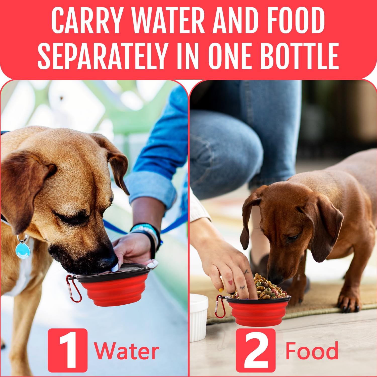 Dog Travel Water Bottle W/Collapsible Bowls - Portable 2 in 1 Leakproof Pet Water Bottle Food Container Ideal for Travel, Outdoor Portable Water Bowls for Walking, Camping & Hiking - (Red) - Image 4
