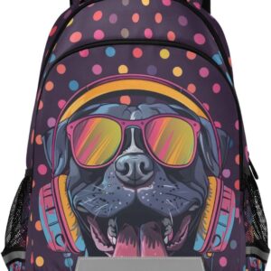 Pitbull Headphones Dog Colorful Dots Backpack for Boys Girls Elementary School Bag Kids Travel Casual Rucksack Laptop Bookbag