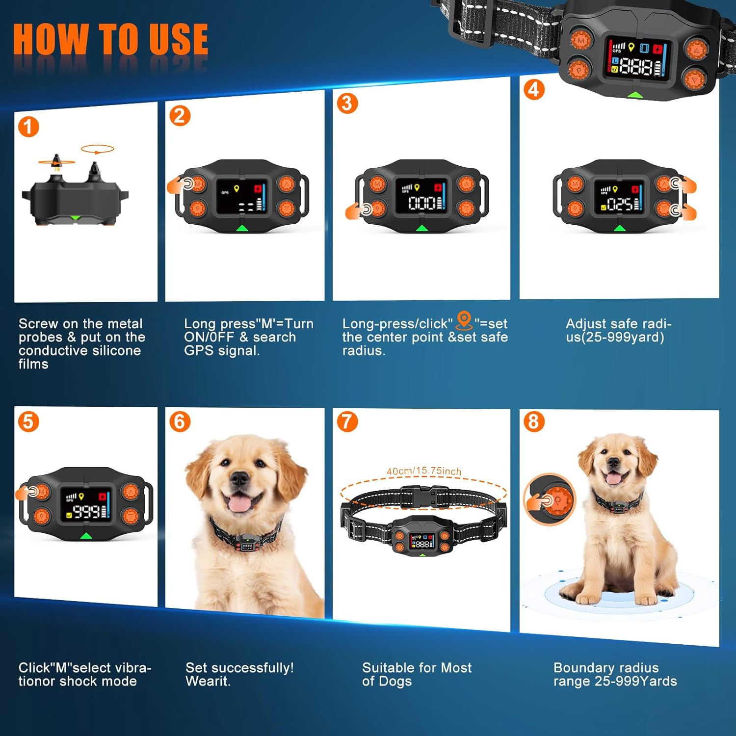 GPS Wireless Dog Fence, GPS Dog Collar Fence System, Adjustable 25-999 Yards Range, IPX7 Waterproof, 5 Training Modes for Medium/Large Dogs Over 15 Lbs - Image 8