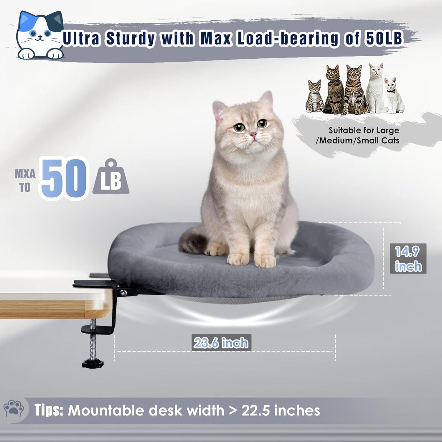 IPOW Heavy Duty Steel Frame Supports up to 50lbs Cat Desk Bed & Perch Space-Saving 90°Foldable with Soft Ultra-Plush Faux Fur for Small Medium Large Cats - Image 2