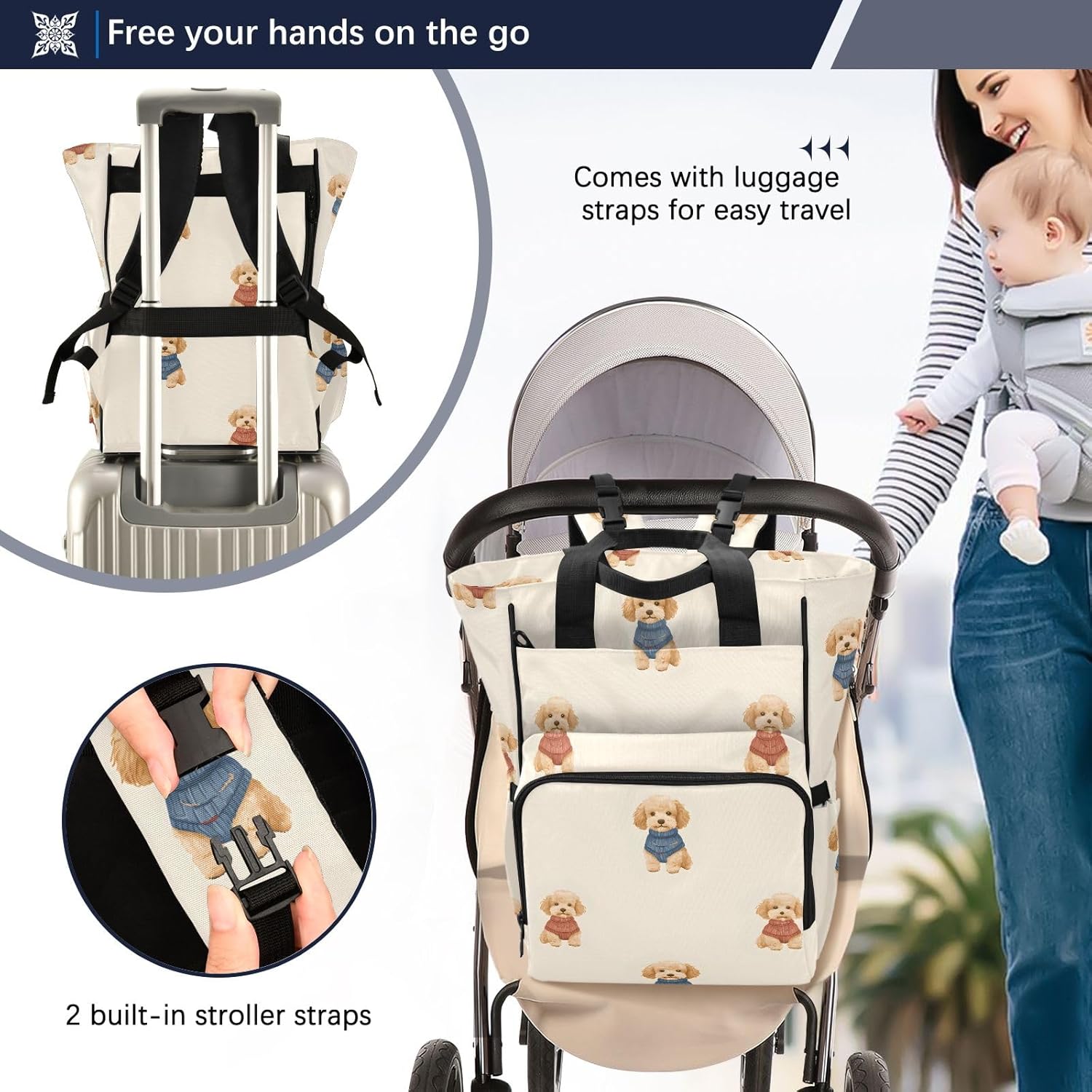 Diaper Bag Backpack Tote Multifunction Baby Nappy Changing Bags Brown Dogs Large with Stroller Straps Travel - Image 4