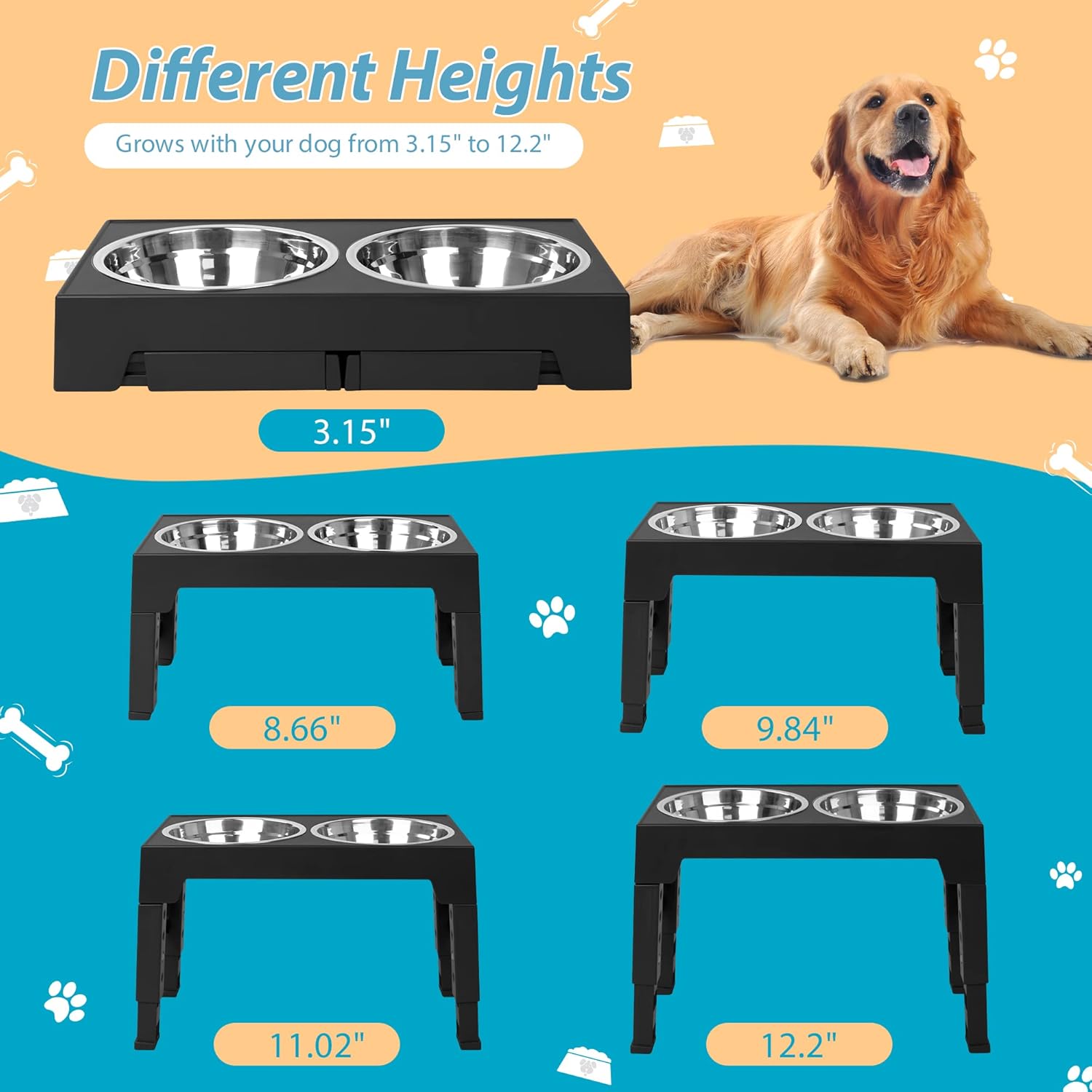 Niubya Elevated Dog Bowls with 2 Stainless Steel Dog Food Bowls, Raised Dog Bowl Adjusts to 5 Heights (3.15", 8.66", 9.84",11.02", 12.2") for Small Medium and Large Dogs - Image 2