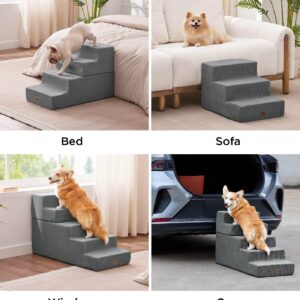 Made4Pets Dog Steps for Bed, Extra Wide Dog Stairs for High Bed Couch Sofa, 35D Foam Pet Steps for Small Dogs and Cats(Up to 40lbs), Non-Slip Bottom Pet Stairs, Grey, 4 Steps