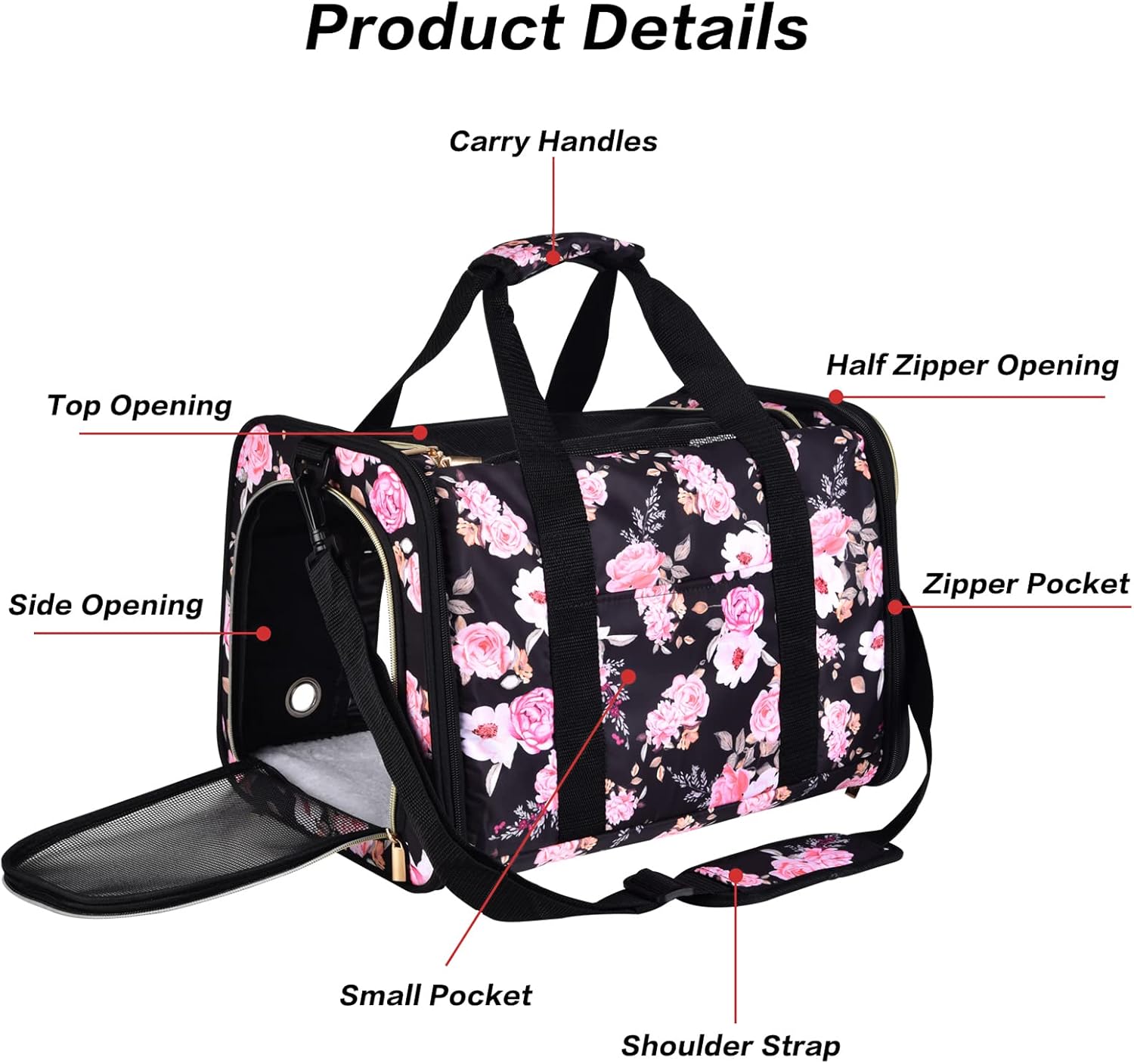 Petmolico Cat Carrier Soft-Sided Pet Bag for Small Medium Cats Puppies 16LBs - Airline Approved Pet Travel Carrier 3 Open Doors (Medium,Pink Peony) - Image 4