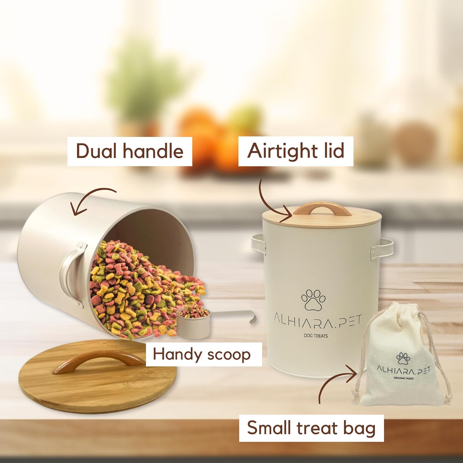 Dog Food Container & Dog Treat Container – Airtight Metal Canisters with Bamboo Lid & Scoop – Holds Up to 24 Cups of Kibble, Biscuits & Snacks – Decorative Farmhouse Storage - Image 2