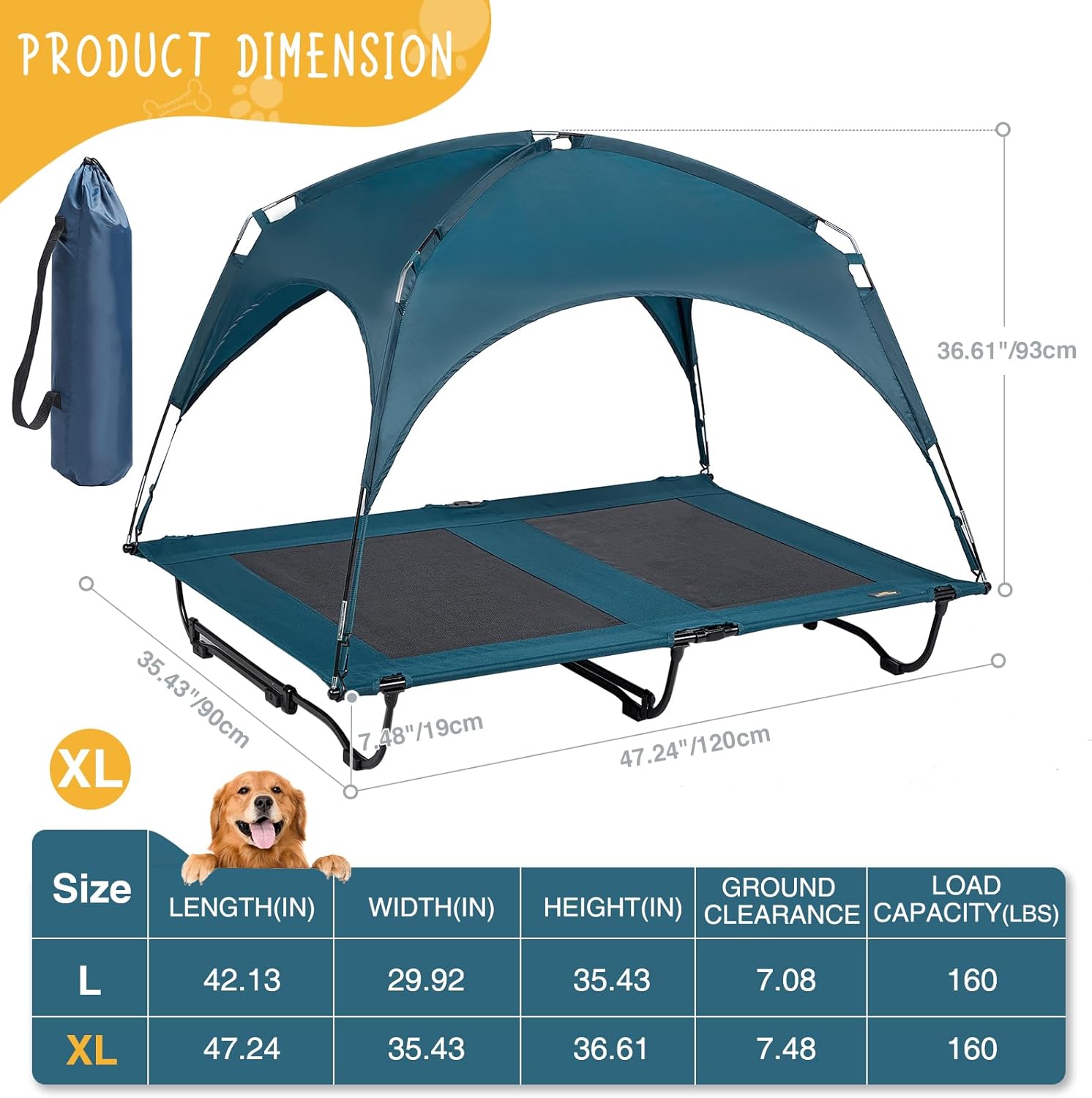 47 Inch Elevated Cooling Large Dog Bed with Removable Canopy, Raised Beds for Large Dogs with Washable Breathable Mesh, Dog Cot for Big Dogs, Indoor/Outdoor Pet Cot with Canopy - Image 7