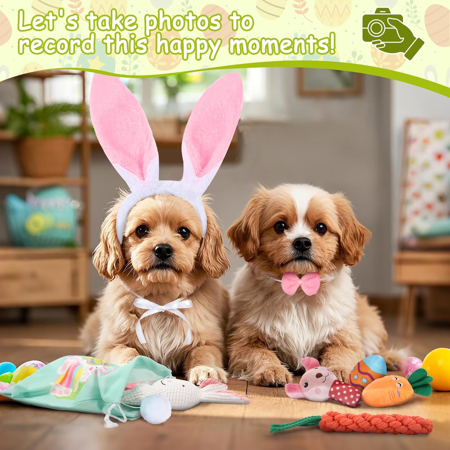 YUEPET 8 Pack Dog Easter Basket Stuffed Bunny Squeaky Toy Plush Chew Toys Eggs Carrot Rope Chicken Dog Ears Headband Bowtie Tail Easter Gift for Small Medium Dogs - Image 6