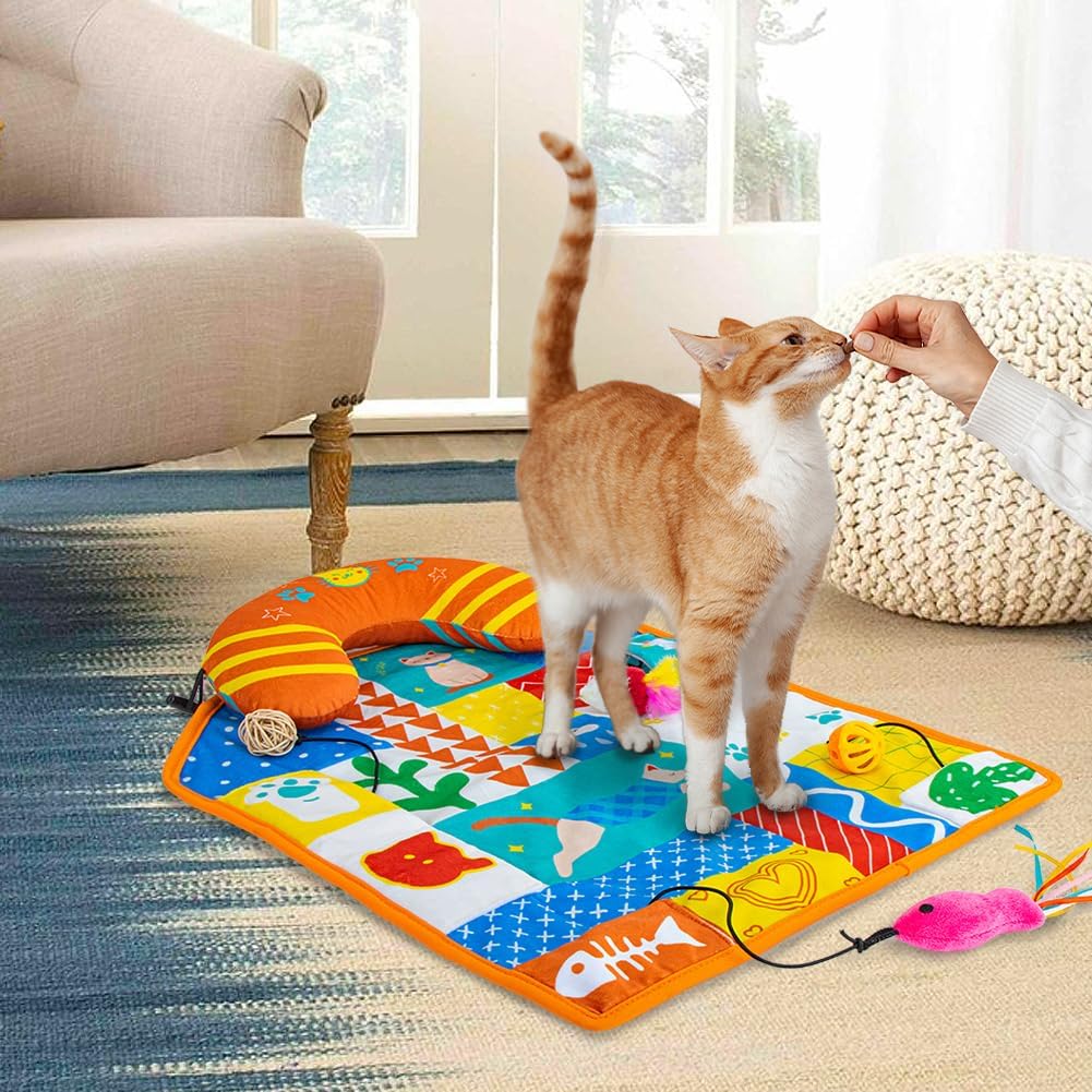 2-in-1 Cat Mat with Pillow for Small Medium Large Cats,Cute Cat Catnip Toys,Soft Plush Crinkle Toys for Kitten Sleeping Snuffing Playing,Machine Washable Pet Cushion Pad Mat Cat Gifts - Image 8