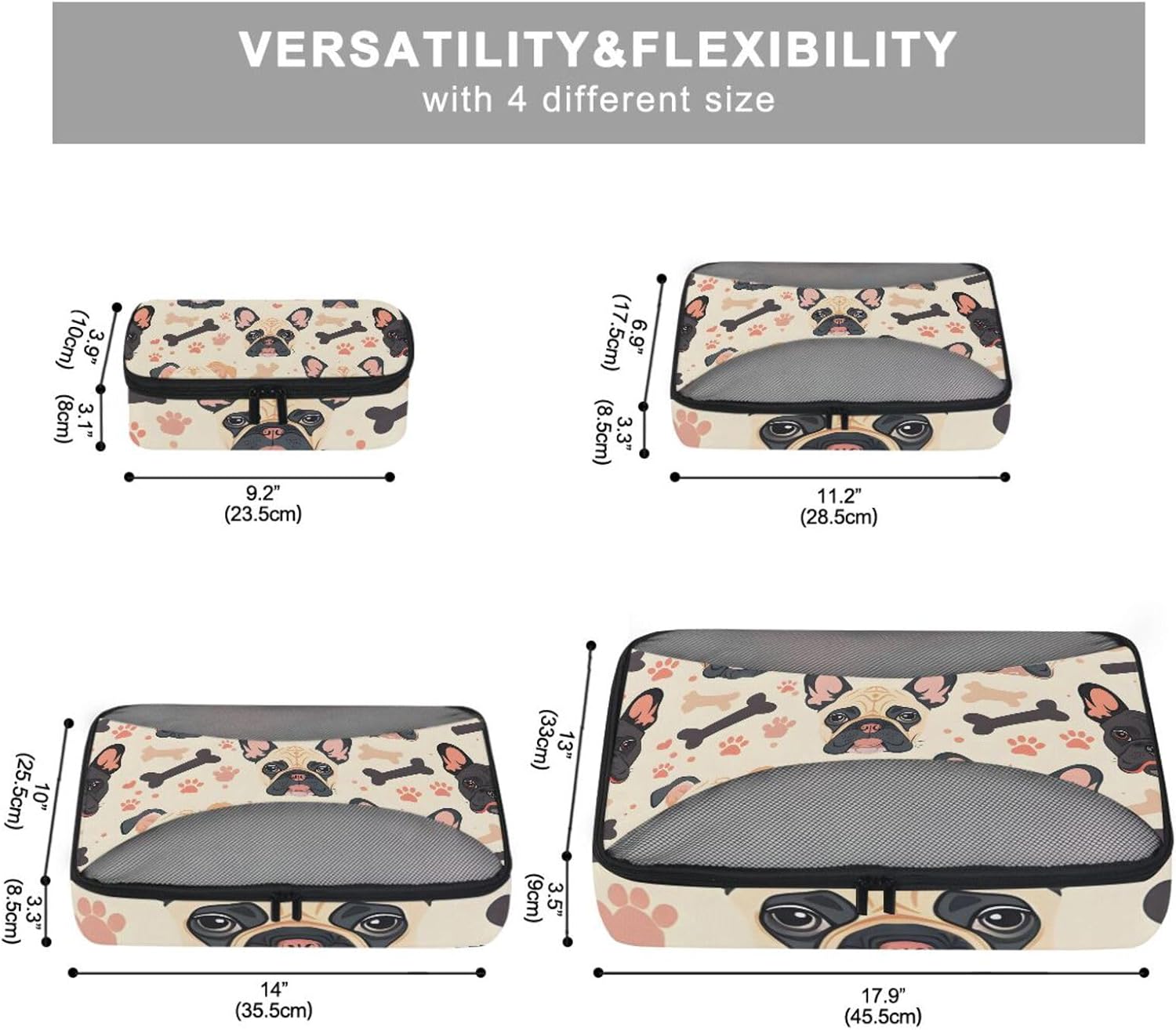 Packing Cubes for Travel 4 Set Dog Pug Pets Luggage Set Suitcase Organizer Bags Mesh Accessories Storage Pouch Toiletry Packing Cubes - Image 3