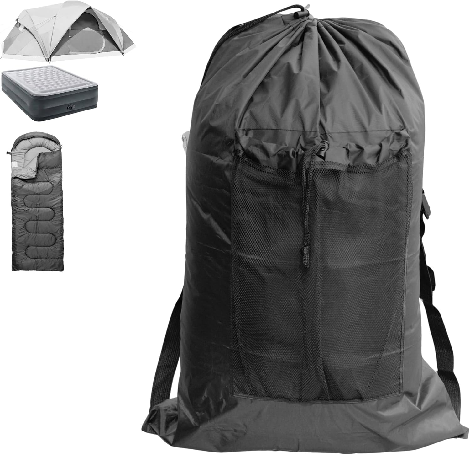 BLACK Tent Bag. Also, for Sleeping Bag, Camping Mattress, Laundry, Beach Chair, Flip or Bleacher or Booster Seat, Dog Bed, etc. Light Duty 420D Polyester w/Adjustable Straps