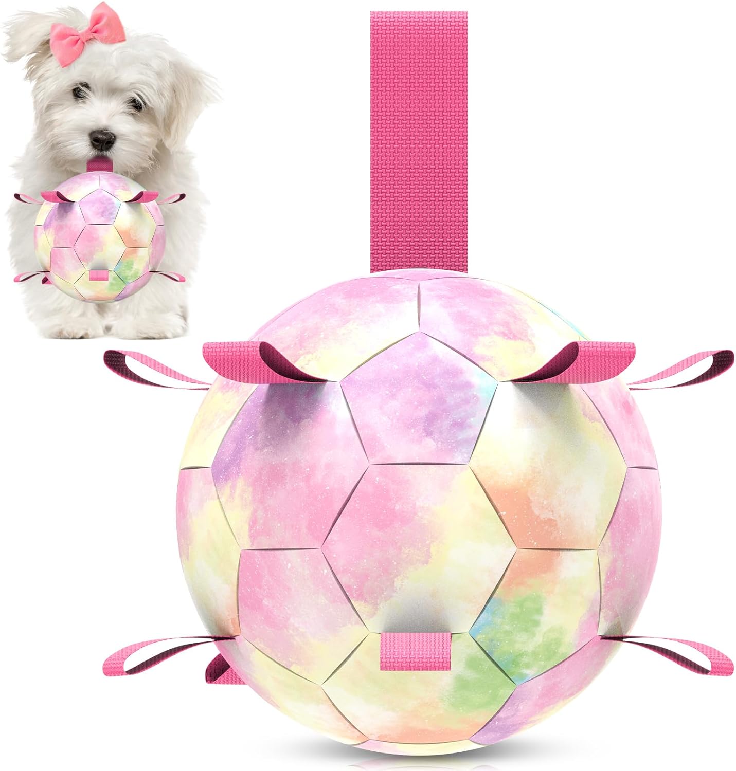 QDAN Premium Dog Toys Soccer Ball with Straps, Puppy Balls for Small Medium Dogs, Dog Water Toys Pool Toys, Puppy Dogs Pet Birthday Gifts, Rainbow(6 Inch)