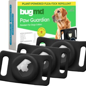 BugMD Paw Guardian Flea & Tick Pendant (3-Pack) with AirTag Holder – Plant-Based Flea & Tick Prevention for Dogs – Pet Collar Tag & GPS Tracker Holder for Dogs – Black