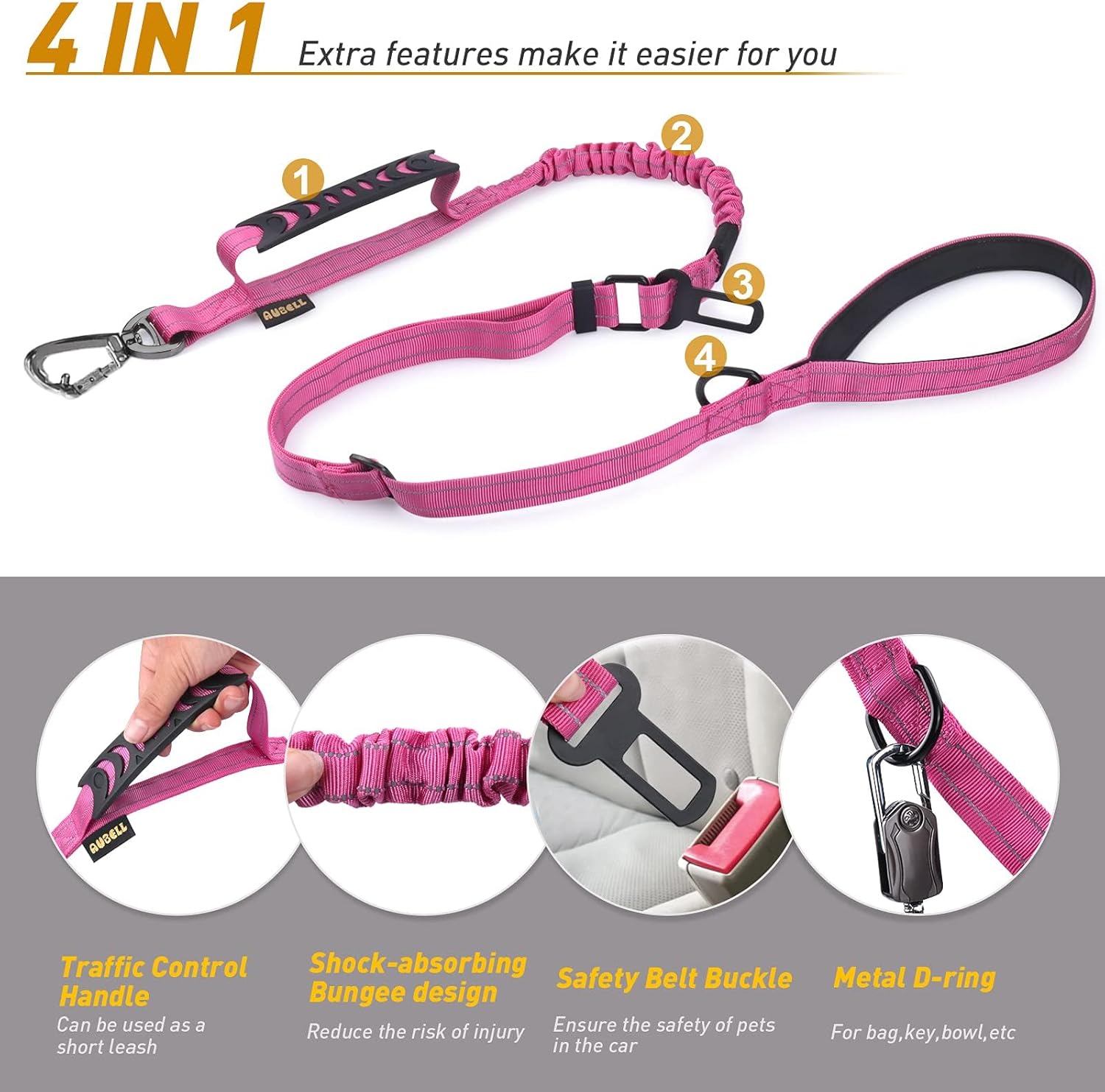 AUBELL Tactical Dog Leash Heavy Duty,4-6ft Reflective Strong No Pull Bungee Leash for Medium Large Dogs with Comfortable Padded Double Handle,Car Seat Belt,360 Degree Rotating Carabiner,Pink - Image 5