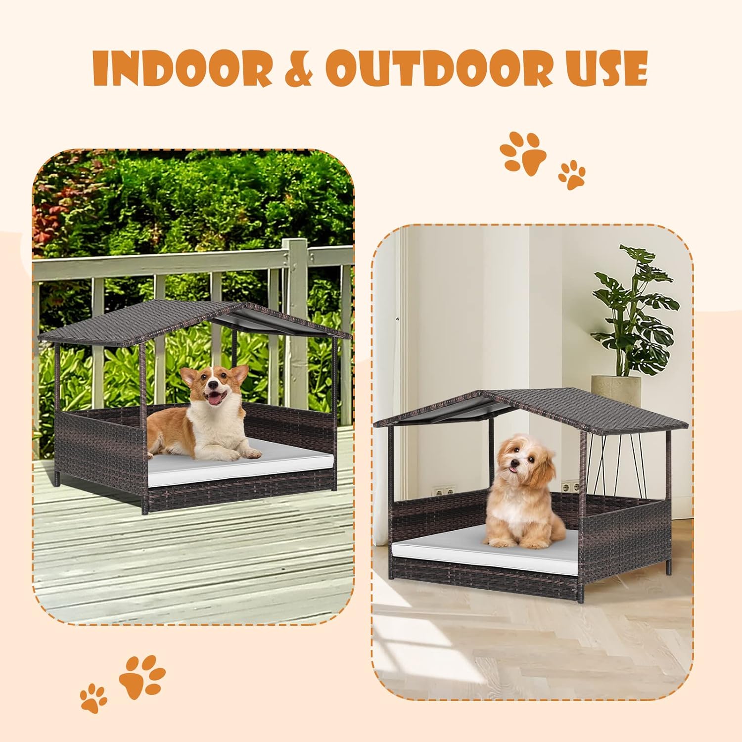 Giantex Wicker Dog House, Raised Rattan Dog Bed with Waterproof Roof, Washable Cushion Cover, Steel Frame, Indoor Outdoor Elevated Dog Bed Pet House for Small Medium Dogs Cats, Easy Assembly - Image 6