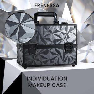 FRENESSA Makeup Train Case Makeup Case 11.8 Inch Large Cosmetic Box Organizer Travel Storage Professional Make Up Train Carrying Case with 6 Trays Locking Hard Vanity Storage Dark Black