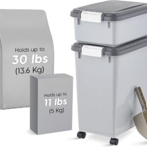 IRIS USA Dog Food Storage Container, 30 lbs & 11 lbs Combo, Cat Food Storage Container, Dog Treat Container, Airtight, Stackable, 2-Cup Scoop, Wheels, Easy Mobility, Gray