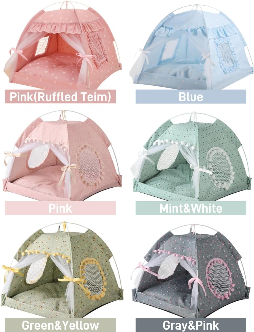 Cat Bed Tents Dog House Indoor Outdoor Lace Mesh Breathable Windows Door Curtains Removable Portable Nest Teepe House (Small,Green&Yellow) - Image 5